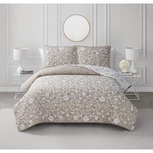 Kendall Vine Leaf Embroidery Taupe Neutral 2-Piece All-Season Reversible Soft Microfiber Quilt Set - Twin