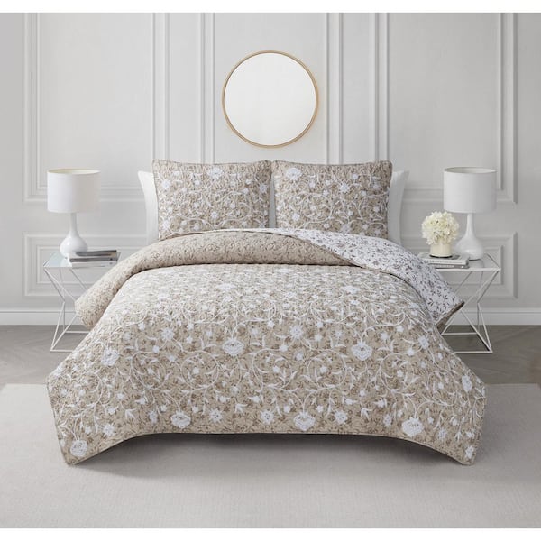 CEDAR COURT Kendall Vine Leaf Embroidery Taupe Neutral 2-Piece All-Season Reversible Soft Microfiber Quilt Set - Twin