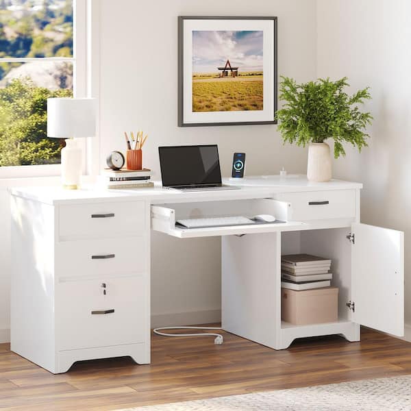 Bestier 59 in. Rectangular White Executive Desk with Lockable File