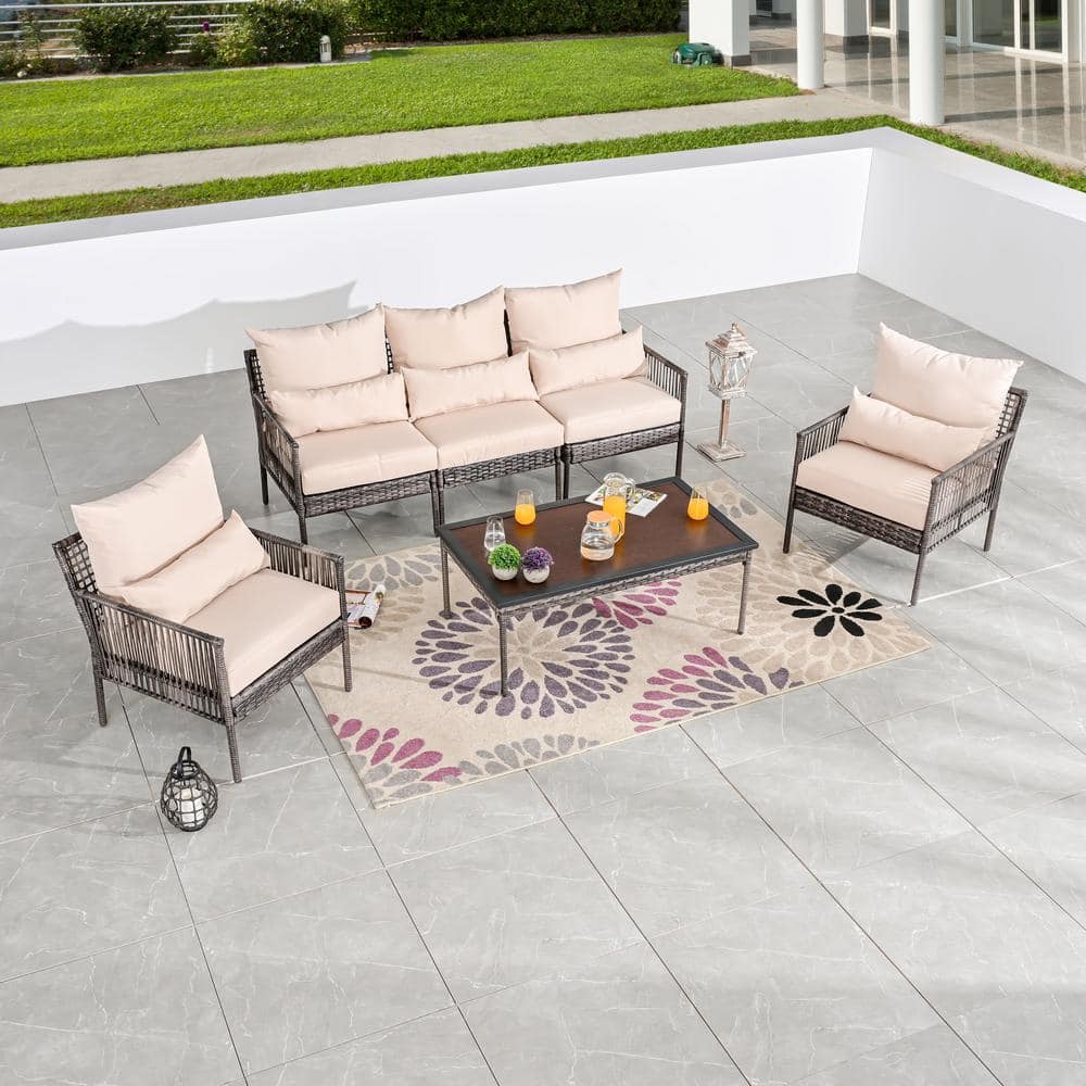 Patio Festival 6-Piece Wicker Outdoor Conversation Set with Beige Cushions