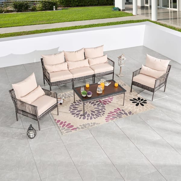 Patio Festival 6-Piece Wicker Outdoor Conversation Set with Beige Cushions