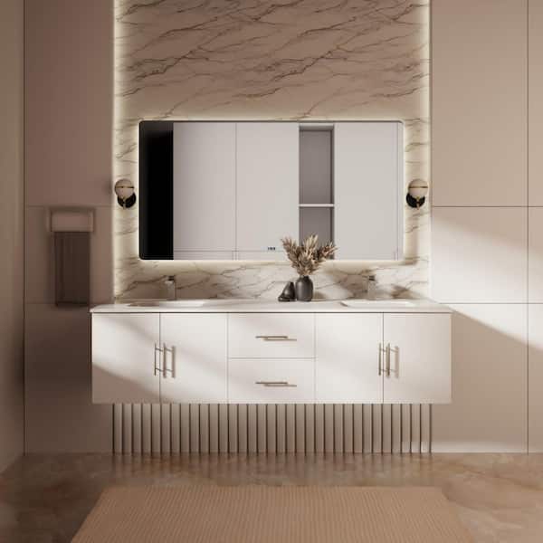 Geneva 72 in. W x 22 in. D Glossy White Double Bath Vanity, White Quartz Top, and 30 in. LED Mirrors