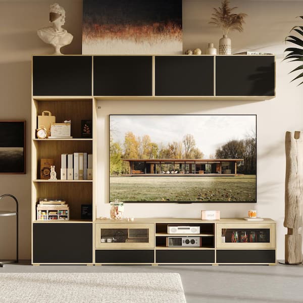 Oakand Black TV Stand Entertainment Center Fits TVs up to 75 in. with Bookshelf, Wall Cabinets and Glass Doors