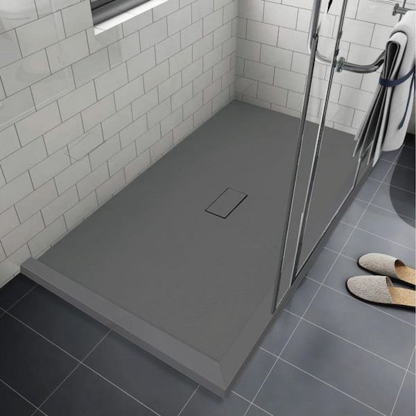 Trimslate 63 in. L x 39.4 in. W Corner Shower Pan Base with Center Drain and Double Threshold in Dark Grey