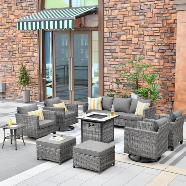 HOOOWOOO Mars Gray 9-Piece 7-People Wicker Patio Conversation Fire Pit Sofa Set with Dark Grey Cushions and Swivel Rocking Chairs