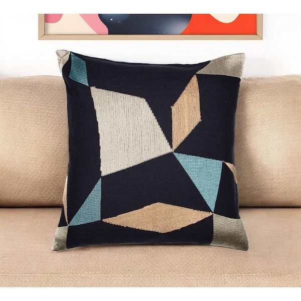 HomeRoots Blue, Beige Geometric Polyester 24 in. x 24 in. Throw Pillow