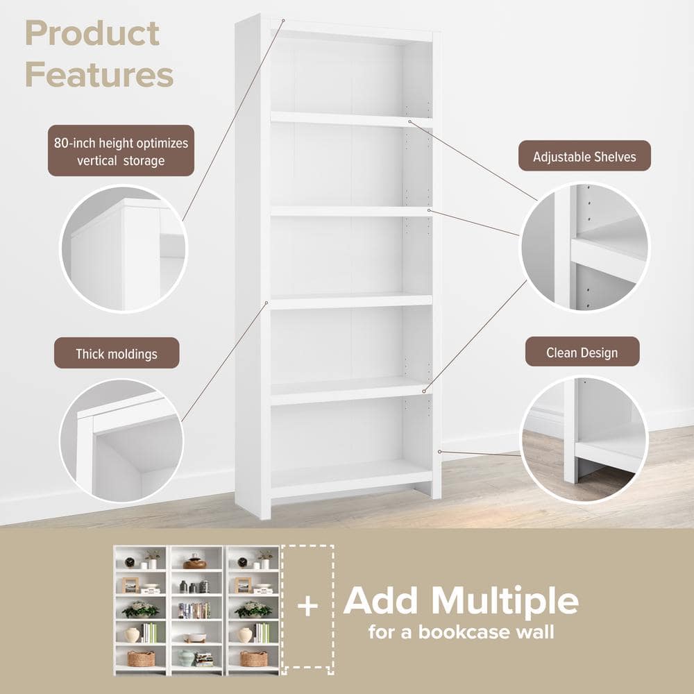 Tall White Pine Wood Adjustable 5-Shelf Bookcase