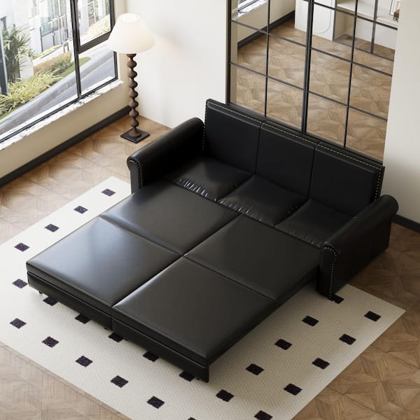 3-in-1 Convertible 94 in. W Black Velvet King Size Sleeper Sofa Bed with 3 Pillowsfor Living Room and Bedroom