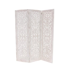 6 ft. White 3 Panel Floral Handmade Hinged Foldable Partition Room Divider Screen with Intricate Carved Design