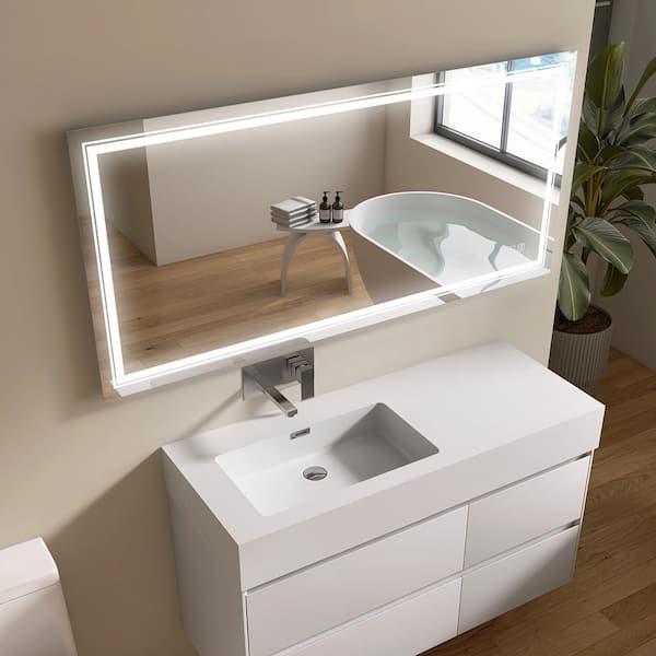 59 in. W x 28 in. H Large Rectangular Frameless Dimmable LED Anti-Fog Memory Wall Mount Bathroom Vanity Mirror