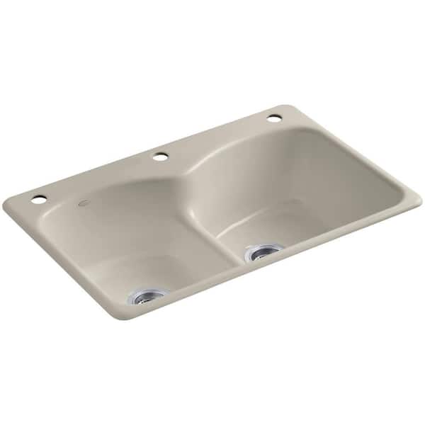 KOHLER Langlade Smart Divide Drop-In Cast-Iron 33 in. 3-Hole Double Bowl Kitchen Sink in Sandbar