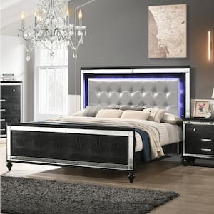 New Classic Furniture Valentino Black Wood Frame California King Panel Bed with Lighted Headboard