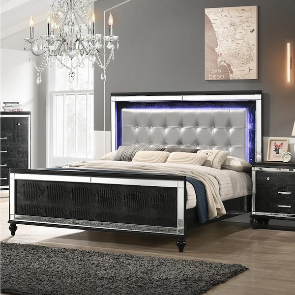 NEW CLASSIC HOME FURNISHINGS New Classic Furniture Valentino Black Wood Frame California King Panel Bed with Lighted Headboard