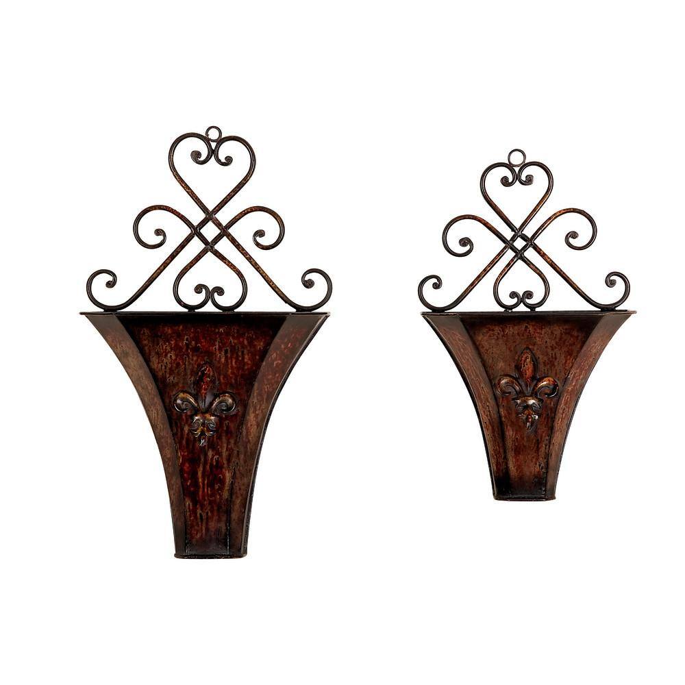 Brown Iron Scrollwork Indoor Outdoor Wall Planter Set