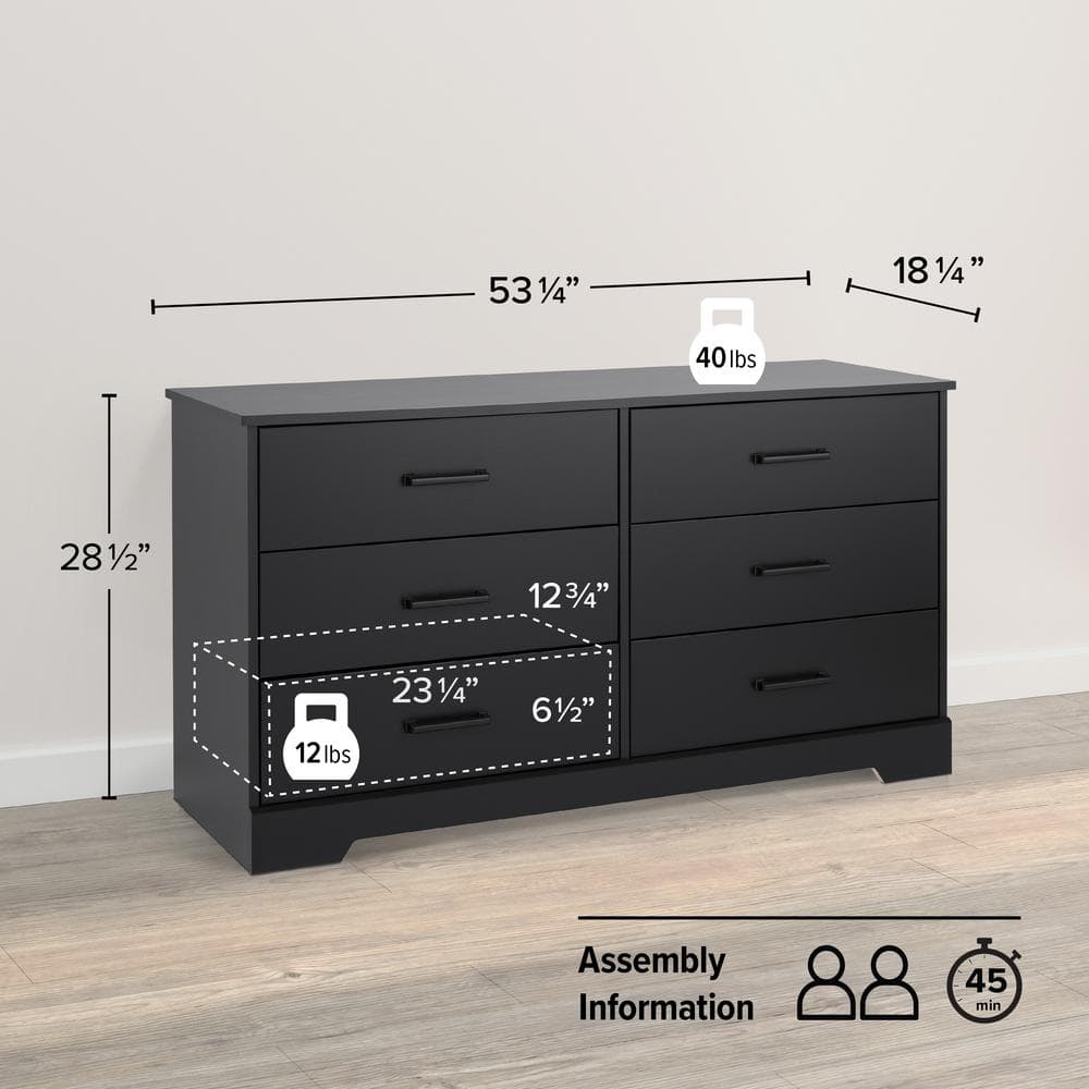 Rustic Black Farmhouse Double Dresser with Six Drawers