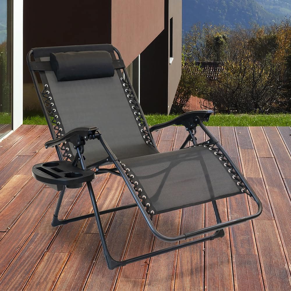 Oversized Black Steel Zero Gravity Outdoor Lounger with Cushion