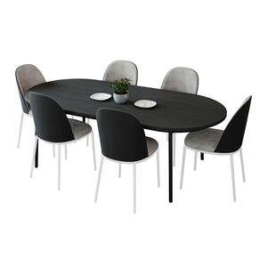 Tule 7 Piece Dining Set with 6 Suede Seat Dining Chair in White Frame and 71 in. Oval Dining Table, Black/Charcoal