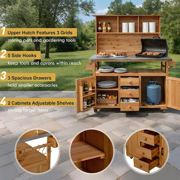 Natural Wood 65 in. H 3-in-1 Garden Potting Bench Kitchen Island