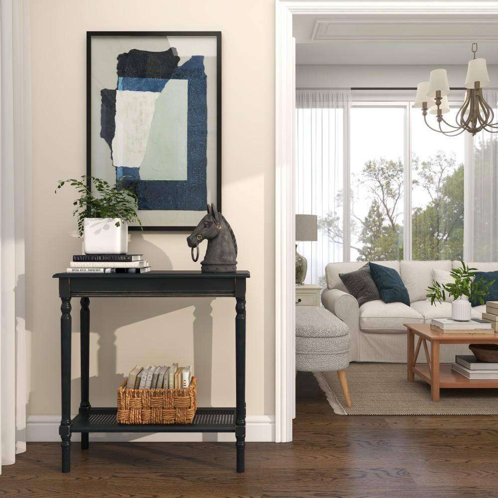 Black Wood Console Table with Glass Shelf and Storage