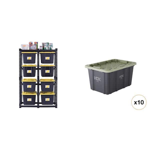 10-Tote Metal Storage Rack (50 in. W x 78 in. H x 24 in. D) and 27 Gal. Green/Black Tough Storage Tote (10-Count) Combo