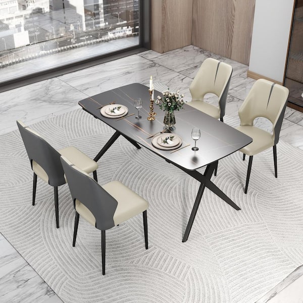 63 in. Black Round Edge Sintered Stone Tabletop with Metal Cross Legs Dining Table, Seats 6-8