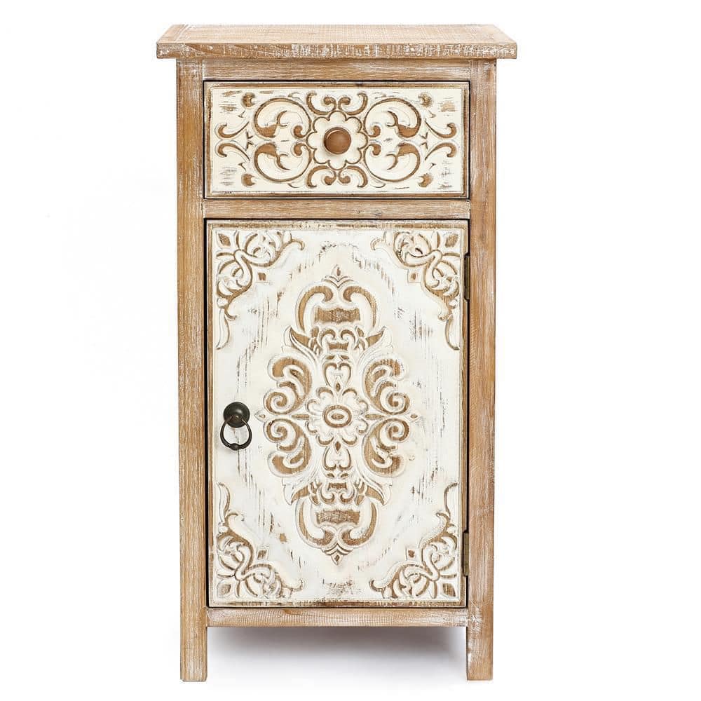 LuxenHome 30.125 in. H Natural Wood Floral Carved 1-Door