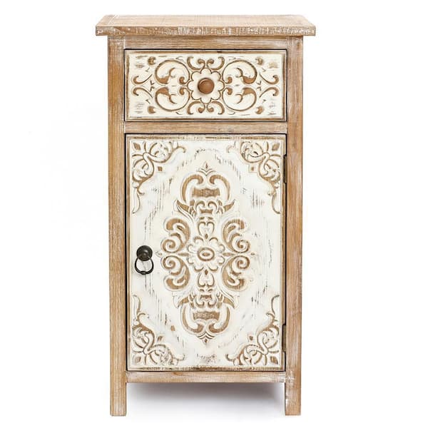 LuxenHome 30.125 in. H Natural Wood Floral Carved 1-Door Accent Table