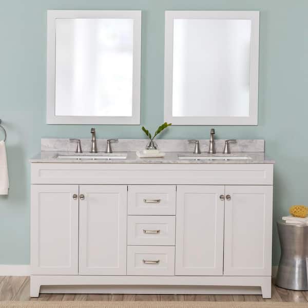 Thornbriar 61 in. Double Sink White Bath Vanity with Winter Mist Cultured Marble Top (Assembled)