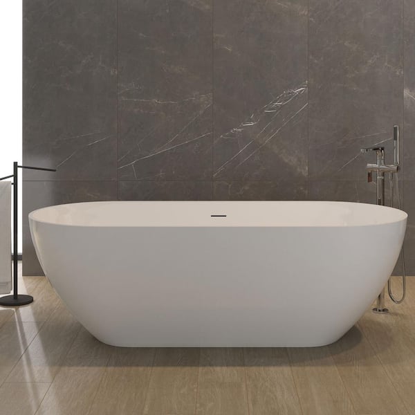 62.9 in. x 29.52 in. Contemporary Oval Solid Surface Soaking Bath Tub Stone Resin Freestanding Bathtub in Glossy White