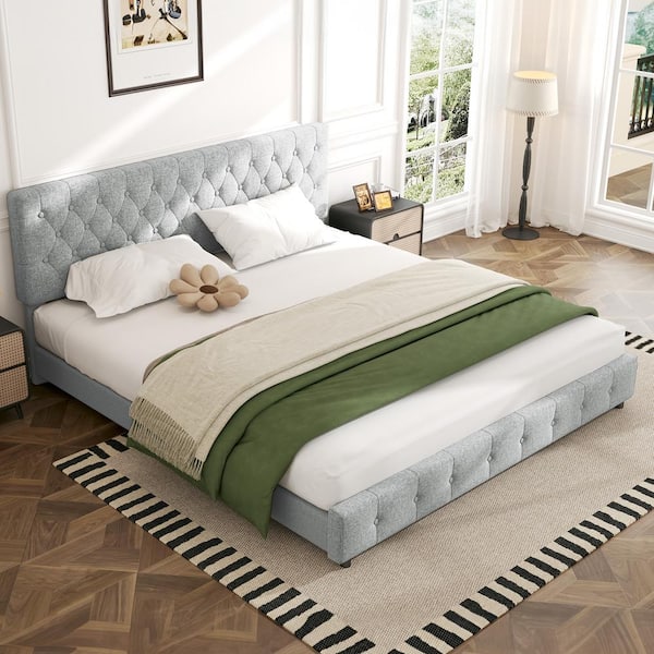 JEAREY White King Linen Upholstered Storage Platform Bed Frame with Headboard