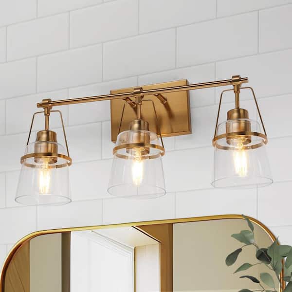 LNC Mid-Century Modern 21.2 in. 3-Light Plated Brass Vanity Light with Bell Clear Glass Shade