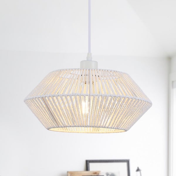 1-Light White Geometric Hanging Linear Chandelier Lighting with Hemp Rope Shade for Kitchen Island
