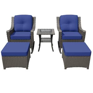 5-Piece Wicker Outdoor Patio Conversation Set Rocking Chair Set with Blue Cushions