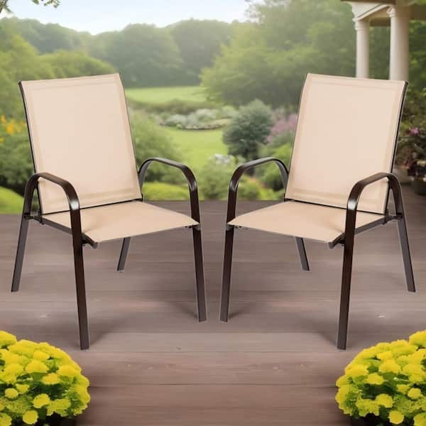 Steel Outdoor Dining Chair in Beige Set of 2 Outdoor Stackable Dining Chairs with Textilene Seat