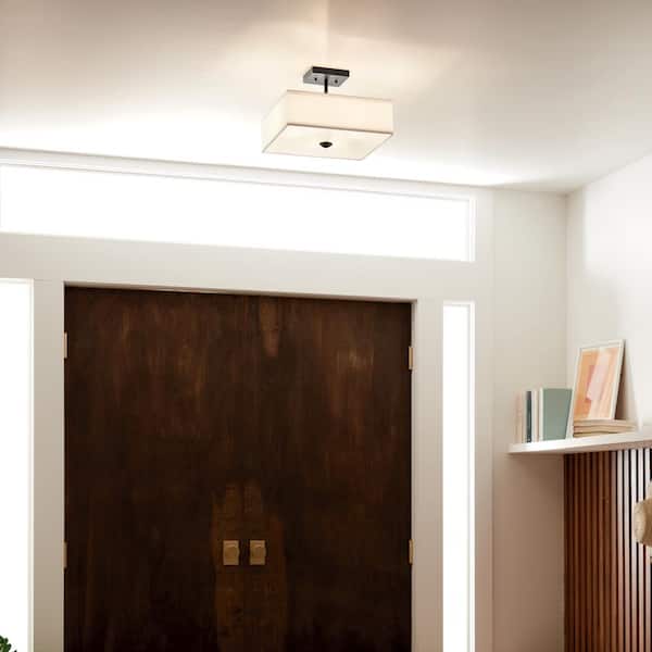 KICHLER Shailene 14 in. 3-Light Black Square Hallway Transitional Semi-Flush Mount Ceiling Light with Microfiber Shade