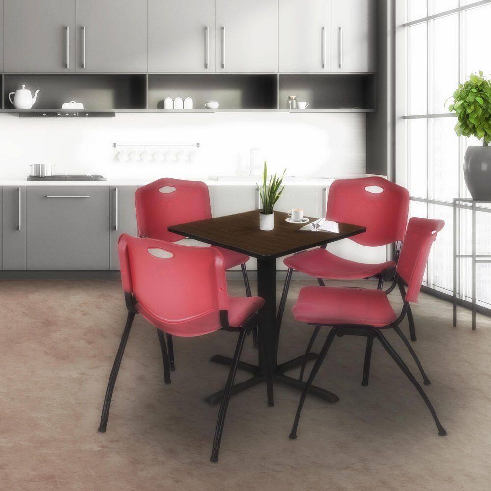 Cain 30 in. Neo Walnut Square Breakroom Table Desk & 4 M Stack Chairs-Burgundy price history on PriceWatchPro