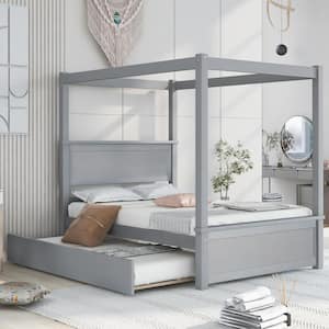 Gray Wood Frame Full Size Canopy Bed with Trundle, Wood Platform Bed for Kids, Teens, Adults, No Box Spring Needed