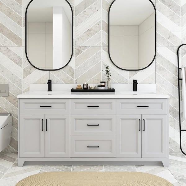 JimsMaison 72 in.W x 22 in.D x 35 in.H Double Sinks Freestanding Bath Vanity in Gray with White Engineered Stone Composite Top