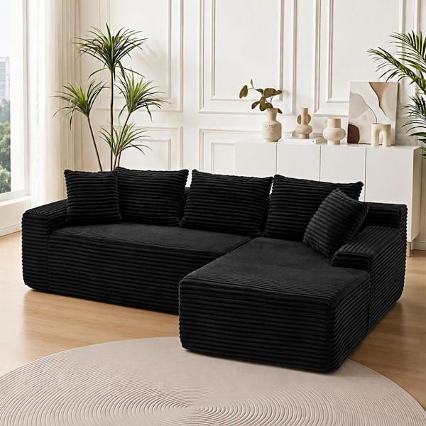 Bexyn Modern 95 in. Corduroy Upholstered L-Shaped Boneless Compressed Modular Sectional Sofa in Black with Pillows