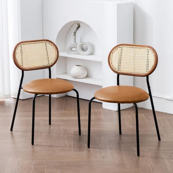 LUE BONA 18 in. Whiskey Brown Metal Frame Rattan Counter Height Bar Stools With Faux Leather Seat (Set of 2)