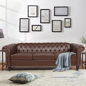 84 in. Rolled Arm 3-Seater Nailhead Trim Sofa in Brown