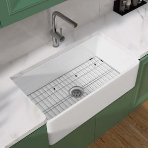 36 in. Farmhouse/Apron-Front Single Bowl White Fireclay Kitchen Sink with Stainless Steel Bottom Grid and Strainer