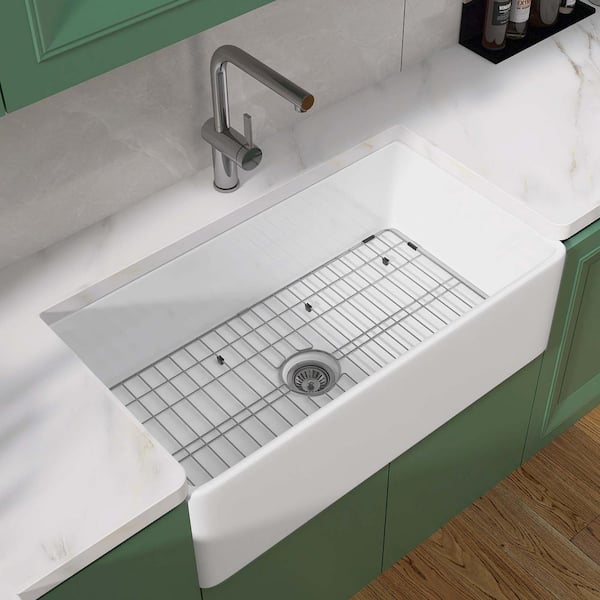FAMYYT 36 in. Farmhouse/Apron-Front Single Bowl White Fireclay Kitchen Sink with Stainless Steel Bottom Grid and Strainer