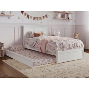 Felicity White Solid Wood Frame Twin Platform Bed with Panel Footboard and Twin Trundle