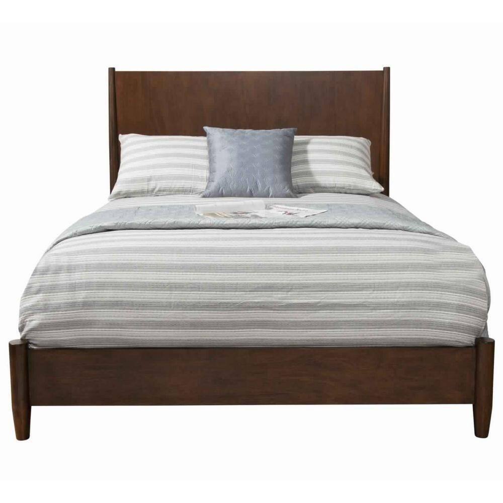 Mid Brown Wood Frame King Size Panel Bed with Round Legs
