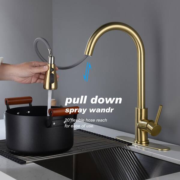 Wellfor Single Handle Wall Mount Gooseneck Pull Down Sprayer Kitchen Faucet In Brushed Gold With Deck Plate Included Wa Th4003lsj - Wall Mounted Kitchen Faucet With Pull Down Sprayer