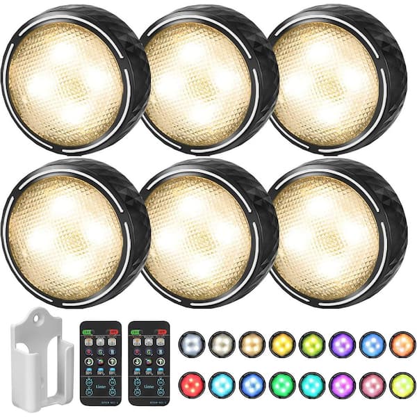 Black LED Puck Light Lamp w/ Remote Control Wireless Stick-On Under Cabinet Lighting, Color Changing 6-Pack