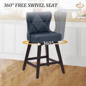 Zola 26 in. Navy Blue Wood Frame Counter Bar Stool Faux Leather Upholstered Swivel Bar Stool (Set of 4)