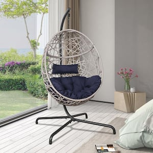 Wicker Patio Outdoor Egg Hanging Hammock Chair with Stand and Navy Cushion