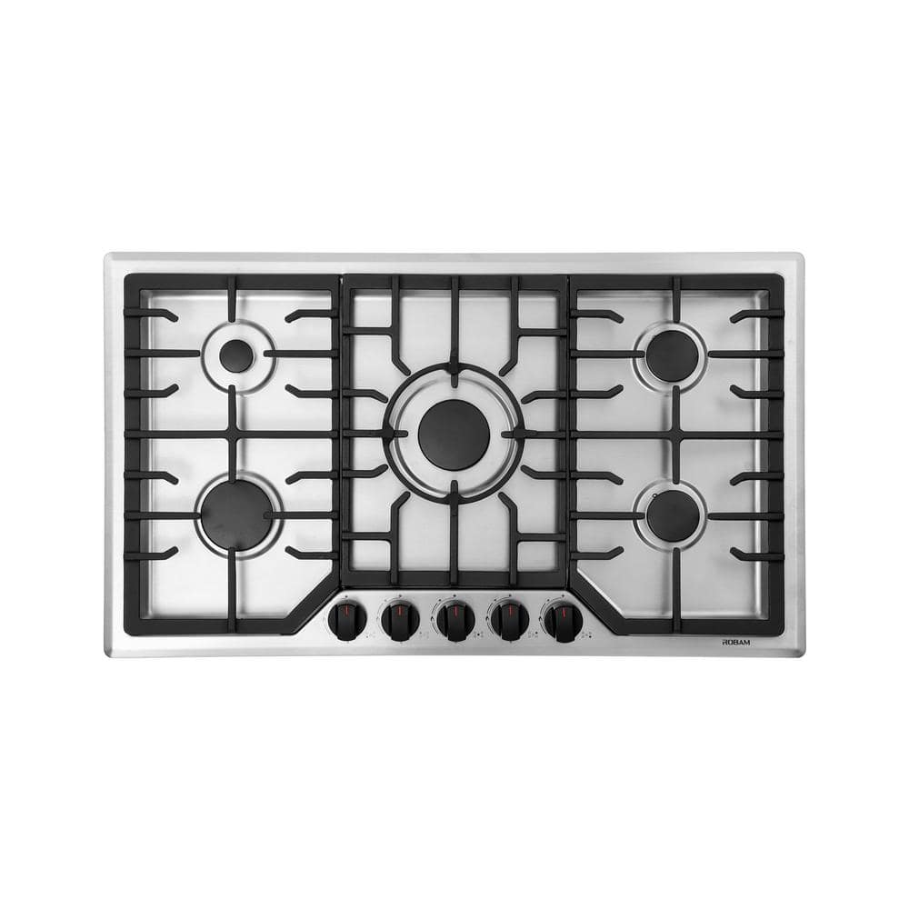 ROBAM 36 in. Powerful Gas Cooktop in Stainless Steel with 5 Brass Burners Including 15,000 BTU Burner, Silver